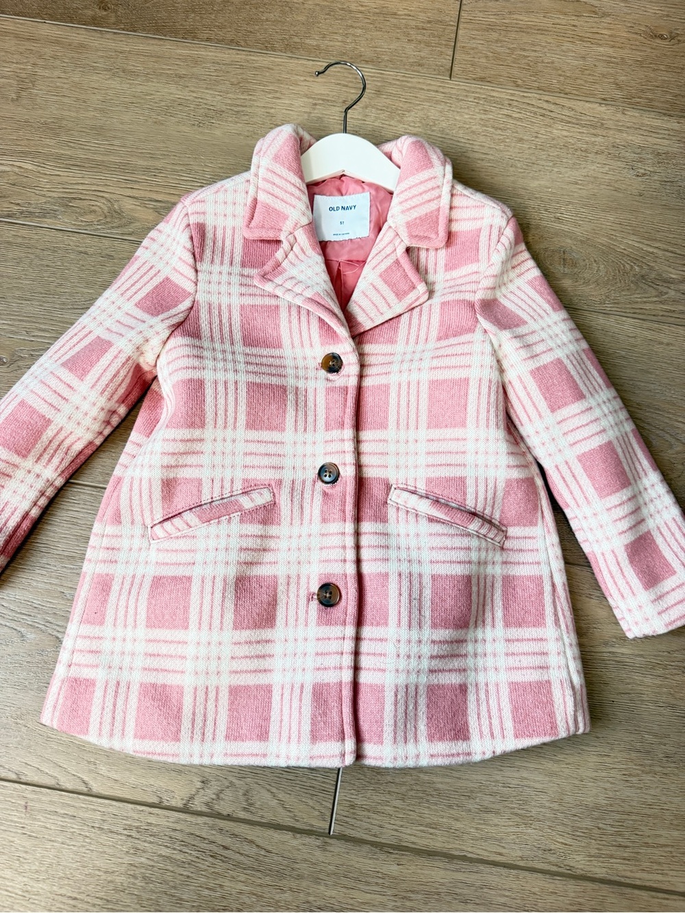 Old Navy Pink and Cream Plaid Pea Coat